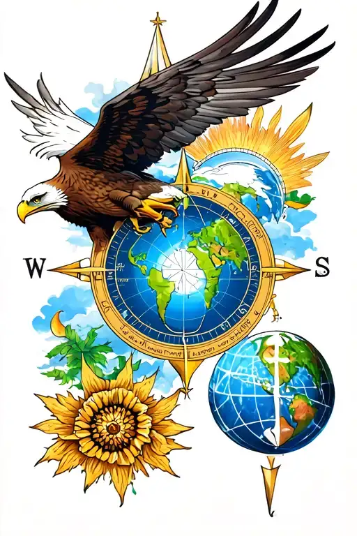 Tatoo for pilot. Includes an eagle, windrose or compass and a globe to depict freedom of travel. In color.  tattoo design idea