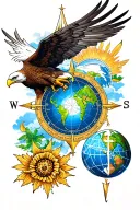 Tatoo for pilot. Includes an eagle, windrose or compass and a globe to depict freedom of travel. In color.  tattoo design idea