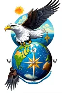 Tatoo for pilot. Includes an eagle, windrose or compass and a globe to depict freedom of travel. In color.  tattoo design idea