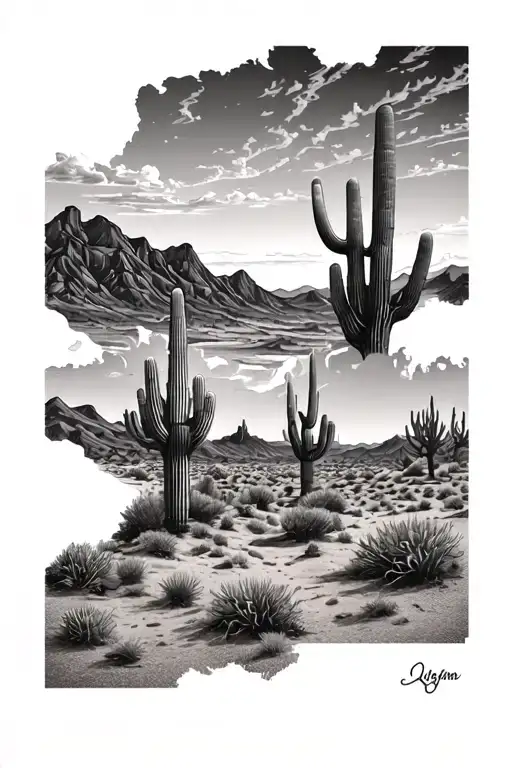 Arizona desert scene realism blackwork tattoo tattoo design idea