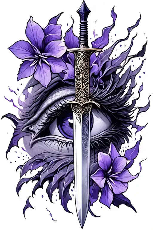 dagger in dragon eye with violets and shadows and lightening strikes tattoo design idea