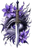 dagger in dragon eye with violets and shadows and lightening strikes tattoo design idea
