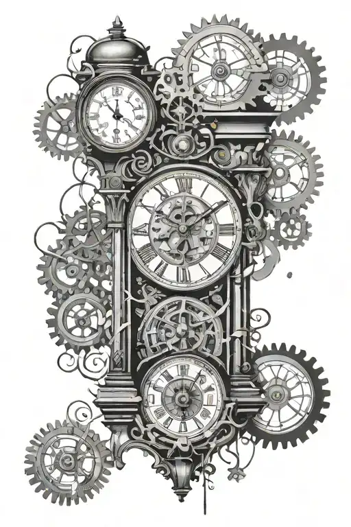 broken glass cogs showing grandfather clock tattoo design idea
