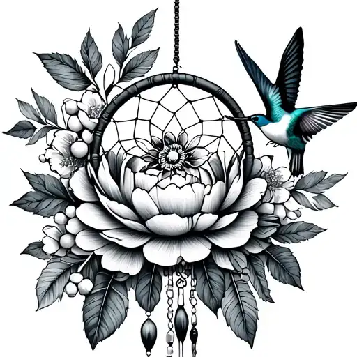 dreamcatcher with peony, hawthorn flowers and hummingbird tattoo design idea