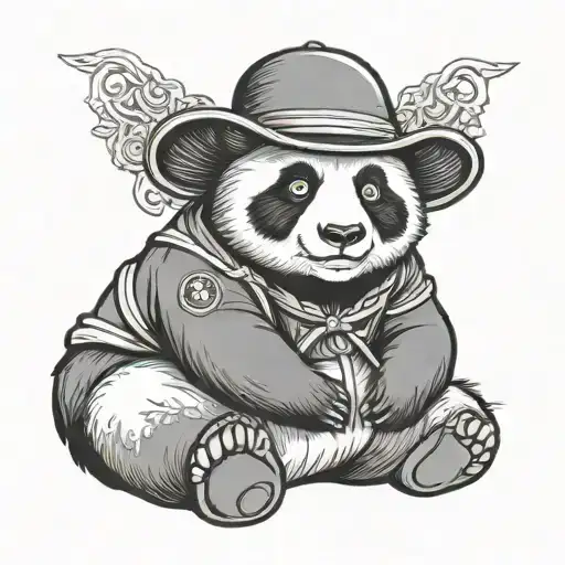 cute japanese panda with samurai hat sitting peacefully thinking about life tattoo design idea