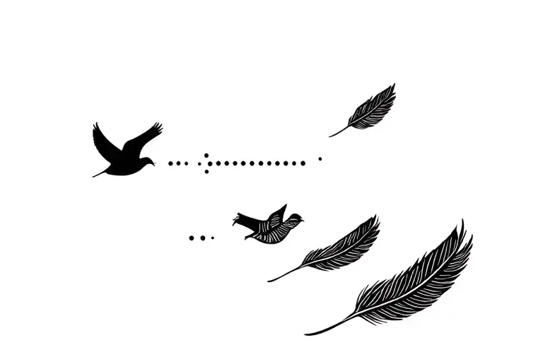 Morse code SB NB EB OB. Dots should be tiny doves filled with ink, dash should be feathers. horizontal layout. minimal. tattoo design idea