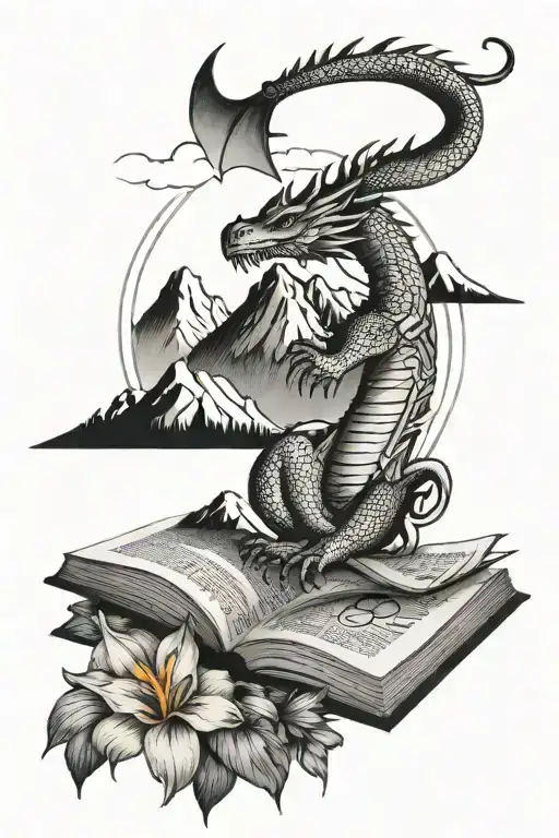 open book with mountains above a dragon, the sun, and iris flower, the number 13, a bears paw print tattoo design idea