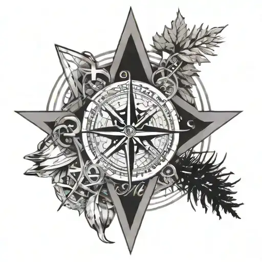 A black-grey design of a compass rose with elements of camping gear and 4x4 tracks, representing a passion for exploration and adventure tattoo design idea