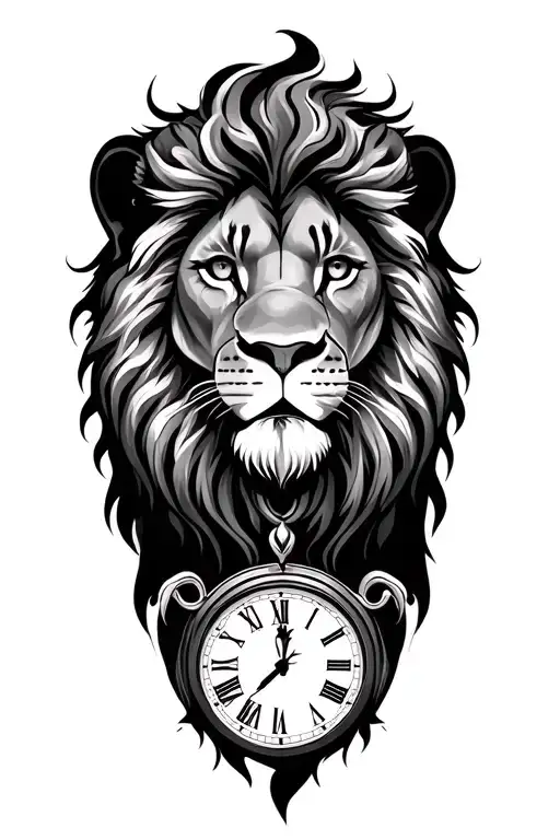 lion with clock tattoo design idea
