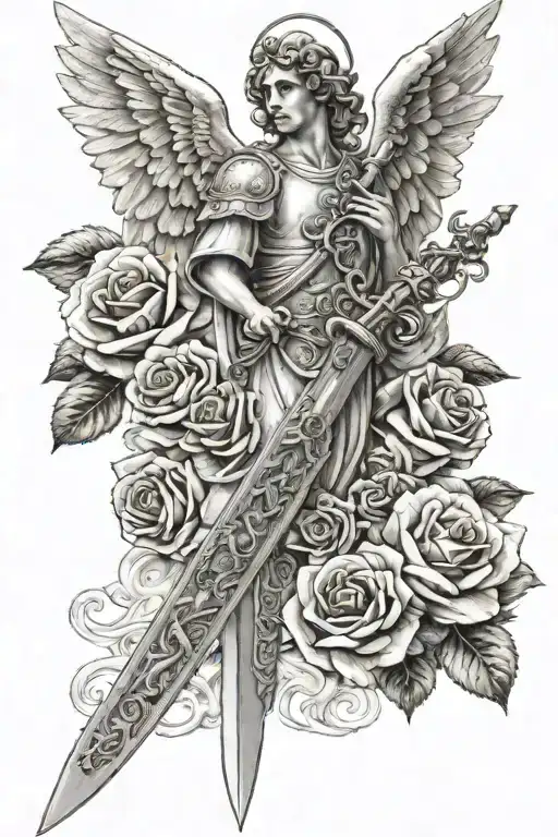  a guardian angel holding a sword, with the letters "NH60" incressed on the sword and surrounded by Clouds and Roses  tattoo design idea