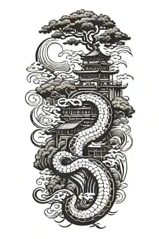 a japanese landscape where there are pagodas sitting on a snake tattoo design idea
