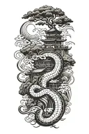 a japanese landscape where there are pagodas sitting on a snake tattoo design idea