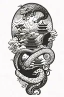 a japanese landscape where there are pagodas sitting on a snake tattoo design idea
