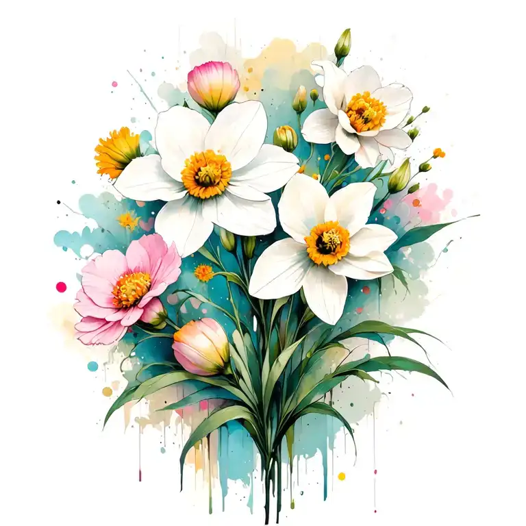 carnation white daffodil pink cosmos Create tattoo design idea