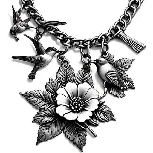 Flower charm bracelet with hummingbird and cardinal charms.  tattoo design idea