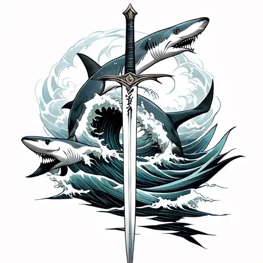 if you imagine the tattoo its a sword going down the spine with Japanese waves coming off it and 2 sharks circling aroun tattoo design idea