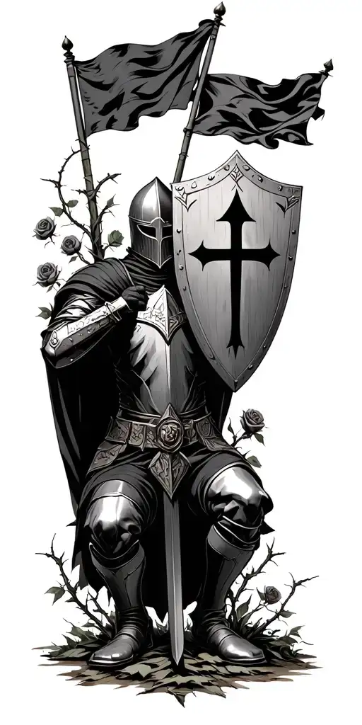 knight Templar kneeling with shield and 2 flags flying in the background surrounded by thorns and rose bushes  tattoo design idea