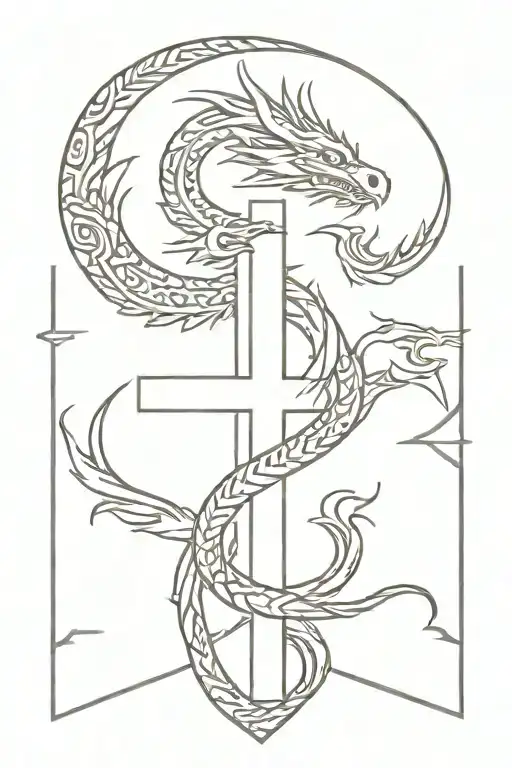 small cross with Aztec dragon wrapped tattoo design idea