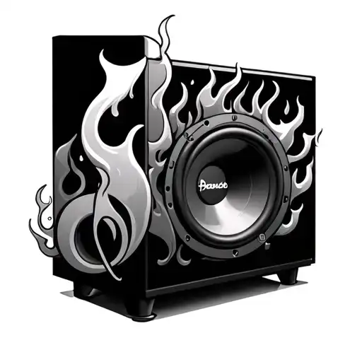 subwoofer producing flames and musical notes intertwined  tattoo design idea