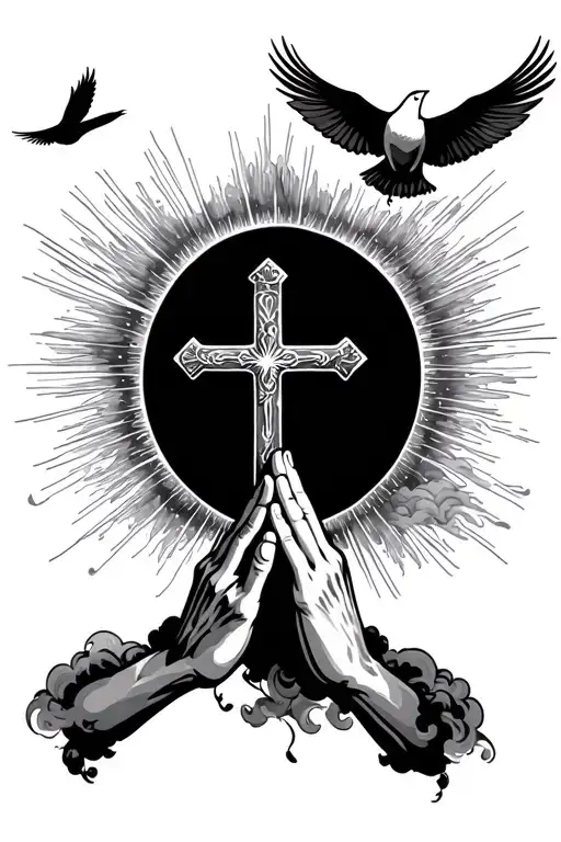 clouds with rays of light shining through, birds flying towards the sun, a pair of praying hands holding a cross necklac tattoo design idea