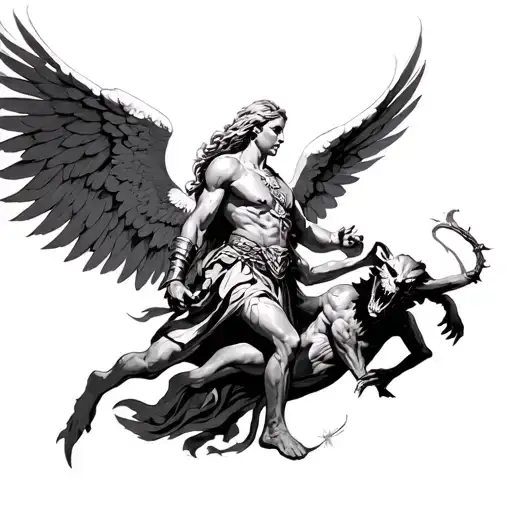 warrior angel from heaven slaying a demon tattoo design idea