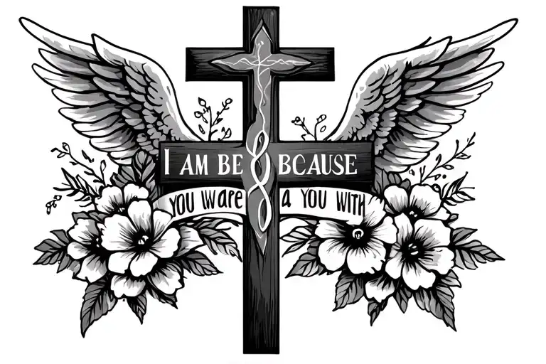 I am because you were with cross, flowers and angel wings tattoo design idea