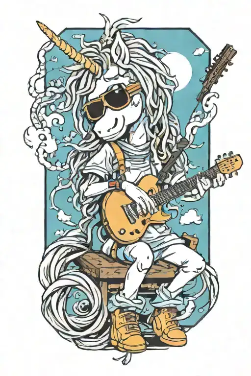 An  anime character unicorn with long dreads smoking a joint  and playing a guitar with sunglasses on, make it whimsical tattoo design idea