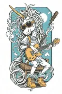 An  anime character unicorn with long dreads smoking a joint  and playing a guitar with sunglasses on, make it whimsical tattoo design idea