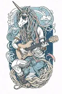 An  anime character unicorn with long dreads smoking a joint  and playing a guitar with sunglasses on, make it whimsical tattoo design idea