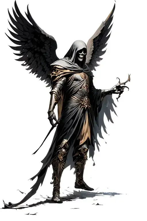 angel of death mysteriously and spectre like looking with cape on his head and ornamented armor on him holding long orna tattoo design idea