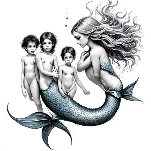 mother mermaid with 4 kids . 1 boy 3 girls . mermaid kids tattoo design idea