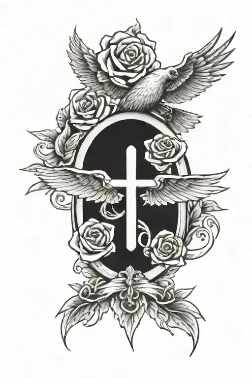 cross rose gateway dove flying tattoo design idea
