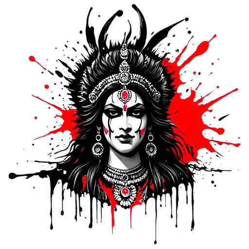 A highly detailed black and white tattoo design of Goddess Maa Kali, featuring intense facial expressions with fierce ey tattoo design idea