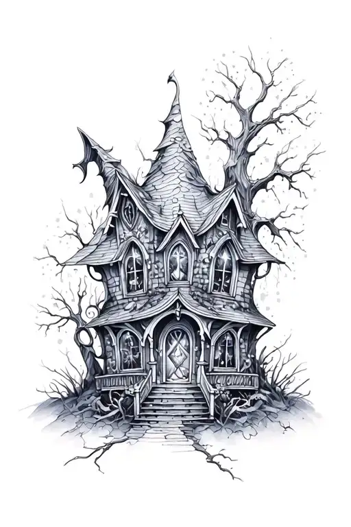 witch house with sparkles black grey tattoo realism tattoo design idea