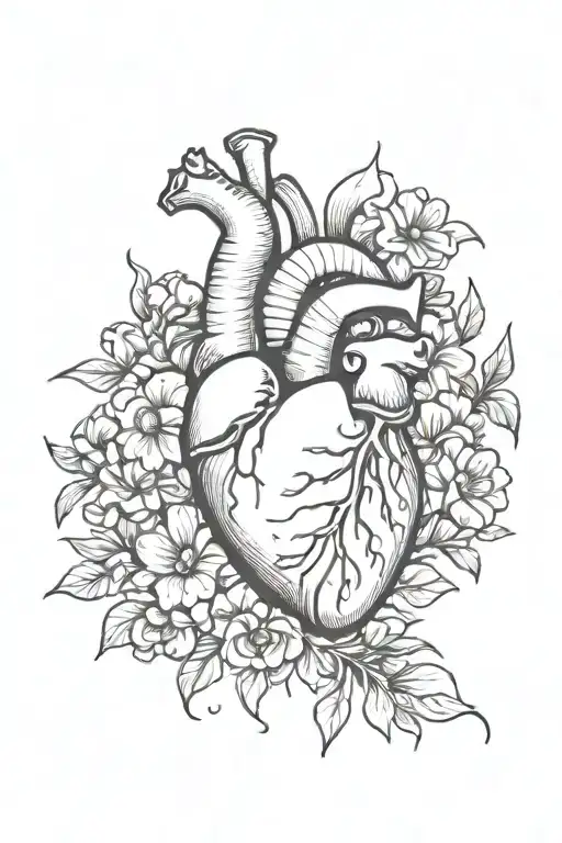 heart organ being stabbed breaking it bleeding and flowers around  tattoo design idea