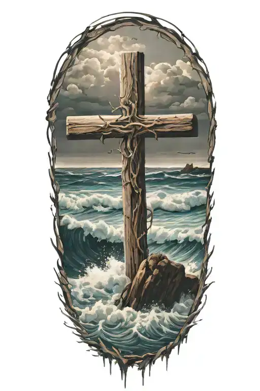 With an empty wooden cross in the foreground sitting in the middle of crashing waves with light spreading  tattoo design idea