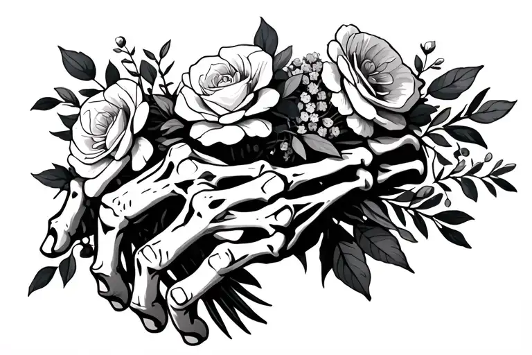 skeleton hand holding a bouquet tattoo design idea
