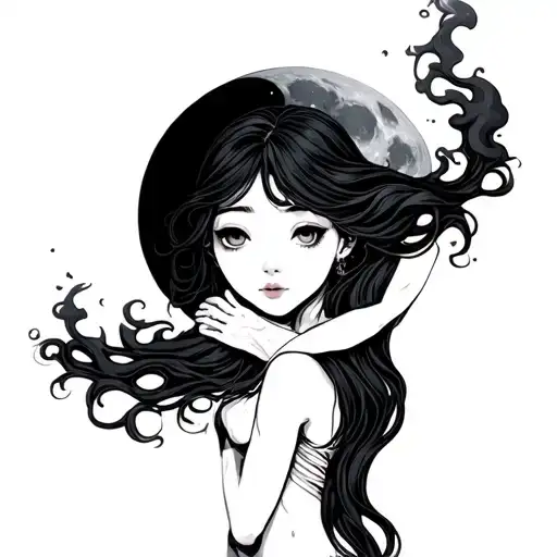 moon, smoke swirling, dark, lonely girl long hair back hugging herself, start tattoo design idea