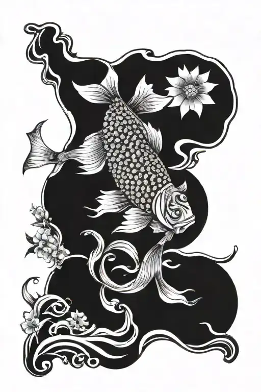 Japanese temple a coi fish, set with flowers and waves tattoo design idea