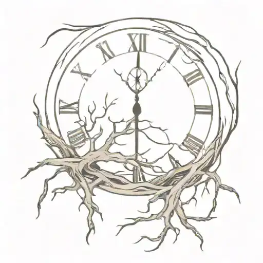 broken clock with roots growin out of it symbolizing tattoo design idea