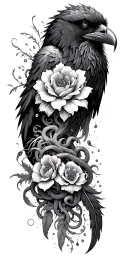 raven, medusa, flowers, waves, and feathers falling, butcher knife tattoo design idea