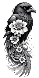 raven, medusa, flowers, waves, and feathers falling, butcher knife tattoo design idea