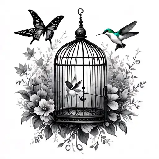 Birdcage with an open door and a butterfly, and a dove, and a hummingbird, and a dragonfly tattoo design idea