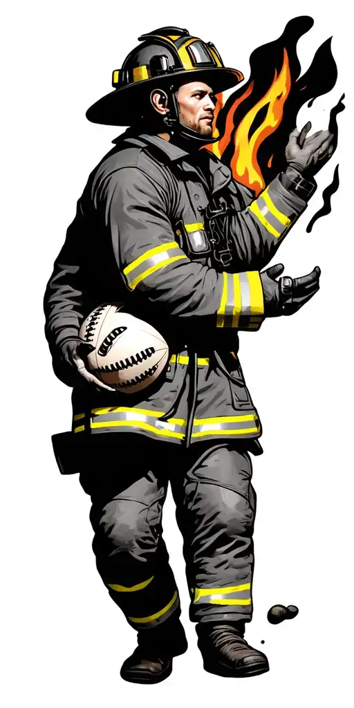 Firefighter playing rugby ball morphing tattoo design idea