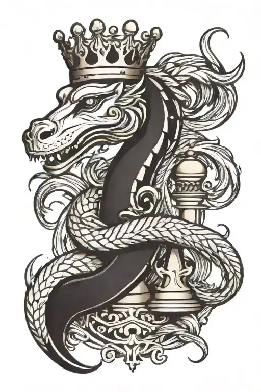 KING CHESS PIECE WITH A FEATHERED SNAKE WRAPPED AROUND IT tattoo design idea