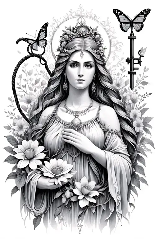 a goddess holds a small butterfly and is surrounded by flowers, a key, and a whip tattoo design idea
