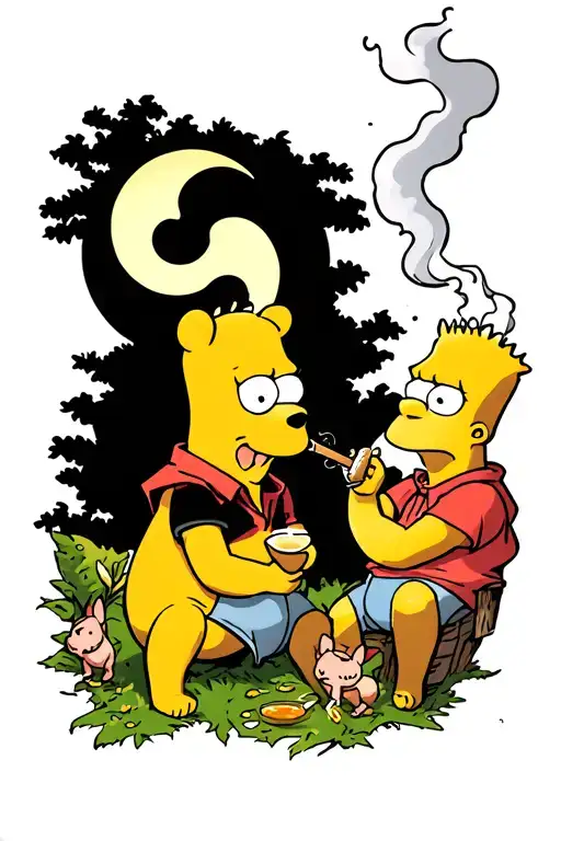 Winnie the pooh high in the 100 acre woods with bart Simpson and piglet smoking blunts and eating honey under a moon tattoo design idea