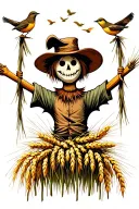 Scarecrow hanging in a wheat field. Small Sparrows fly in the sky behind him.  tattoo design idea