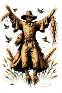 Scarecrow hanging in a wheat field. Small Sparrows fly in the sky behind him.  tattoo design idea