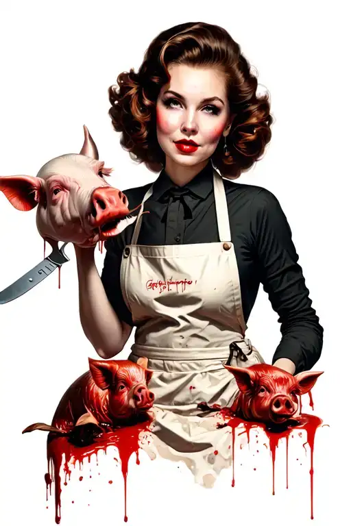pin up girl wearing only a butchers apron with a butchers knife in one hand and a bloody pigs head in the other tattoo design idea
